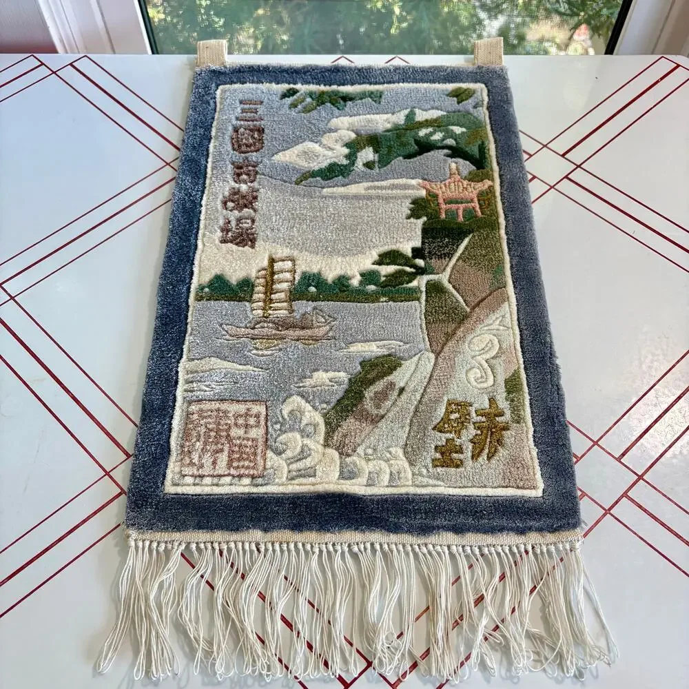 Vintage Chinese Silk Wall Hanging Rug Water and Boat Landscape Fringed Tassels